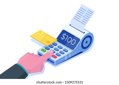 Internet banking,   Digital mobile payment, Isometric pos terminal isometric concept. Vector illustration