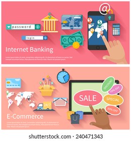 Internet banking and e-commerce concept. Online banking, finance investment, security deposit in flat design and e-commerce concept with monitor screen of buying products
