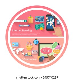 Internet banking and e-commerce concept. Online banking, finance investment, security deposit, interest with laptops, safe in flat design and e-commerce concept with monitor screen of buying products