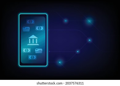 Internet banking and financial concept. Mobile phone with a credit card and banknote icon on dark blue background. Mobile payment. Shopping online.