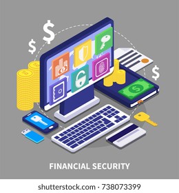Internet banking and financial security concept with various electronic devices coins and credit card 3d isometric vector illustration