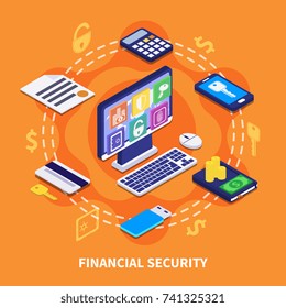 Internet banking financial security isometric concept on orange background 3d vector illustration