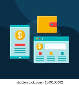 Internet banking flat concept vector icon. Savings accounts idea cartoon color illustrations set. E-wallet. Online payment. Money transfer. E-payment. Mobile banking. Isolated graphic design element