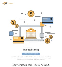 Internet banking flat contour style vector concept illustration