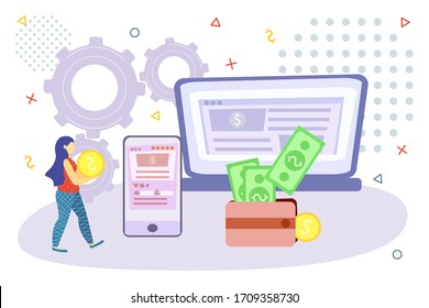 Internet banking flat vector illustration concept. Money transfer using mobile device, computer and smart phone with banking payment app, contactless payment, financial transactions around the world