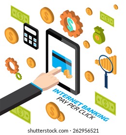 Internet banking with hand touching tablet. Pay per click