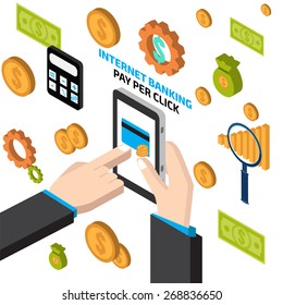 Internet banking with hand touching tablet. Pay per click