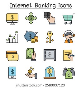 Internet banking icon set in color line style