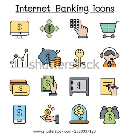 Internet banking icon set in color line style