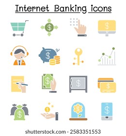 Internet banking icon set  in flat color style
