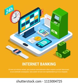 Internet banking isometric composition on yellow background with 24h, atm, electronic payment, mobile devices vector illustration