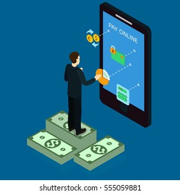Concepto isométrico de la banca en Internet con un hombre parado sobre una pila de dólares y realiza pagos en línea en la ilustración de un vector de smartphones
