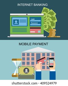Internet banking and mobile payments. Flat vector illustration