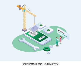 Internet banking mobile phone app development vector concept. 3D isometric design