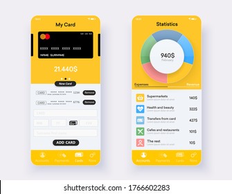 Internet banking, mobile wallet, app expense statistics UI, UX, GUI. Debit card smartphone interface vector template. Mobile app page yellow-black design layout. Bank account screen. Vector mockup