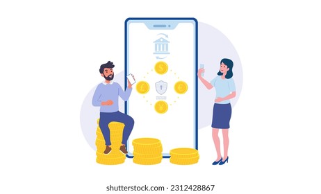 Internet banking and money transaction online concept. Mobile payments using smartphone. Flat vector illustration.