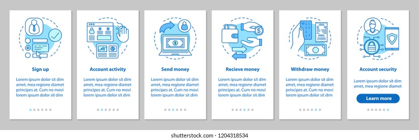 Internet banking onboarding mobile app page screen with linear concepts. Money transaction steps graphic instructions. UX, UI, GUI vector template with illustrations