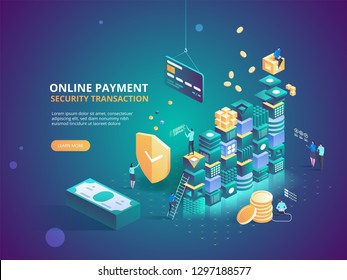 Internet banking. Online payment security transaction. Protection shopping wireless pay through smartphone. Digital technology transfer pay. Vector isometric illustration