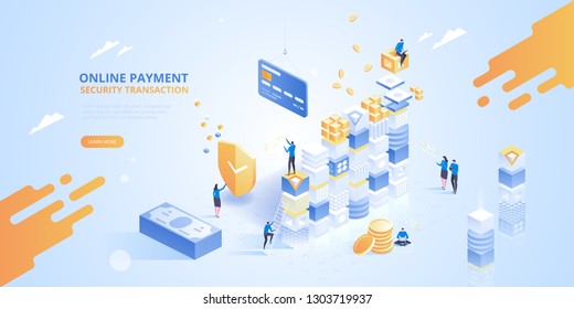 Internet banking. Online payment security transaction. Protection shopping wireless pay through smartphone. Digital technology transfer pay. Vector isometric illustration