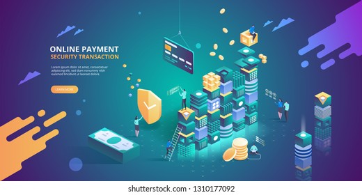 Internet banking. Online payment security transaction. Protection shopping wireless pay through smartphone. Digital technology transfer pay. Vector isometric illustration