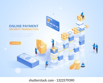 Internet banking. Online payment security transaction. Protection shopping wireless pay through smartphone. Digital technology transfer pay. Vector isometric illustration