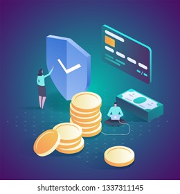 Internet banking. Online payment security transaction. Protection shopping wireless pay through smartphone. Digital technology transfer pay. Vector isometric illustration
