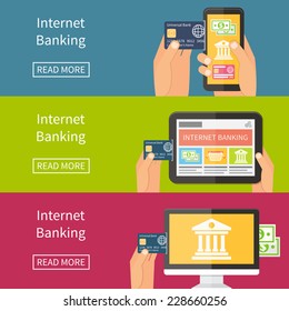 Internet Banking, Online Purchasing And Transaction. Flat Vector Banner Illustration