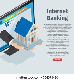 Internet banking page with full information vector illustration. Online business consultation service. Arms stretch small bank building right out computer monitor on blue background with description.