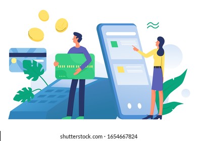 Internet banking, phone payment concept. Digital payment or online money transfer service. POS terminal for contactless smartphone pay. Website layout template vector illustration.