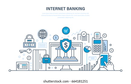 Internet banking, protection, guarantee payment security, finance, cash deposits, purchases and money transfers, analysis of finance. Illustration thin line design of vector doodles.