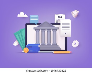 Internet Banking, Purchasing And Transaction, Electronic Funds Transfers And Bank Wire Transfer. 3D Vector Illustrations.