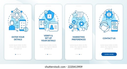 Internet banking registration guide blue onboarding mobile app screen. Walkthrough 4 steps editable graphic instructions with linear concepts. UI, UX, GUI template. Myriad Pro-Bold, Regular fonts used
