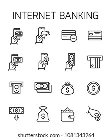 Internet banking related vector icon set. Well-crafted sign in thin line style with editable stroke. Vector symbols isolated on a white background. Simple pictograms.