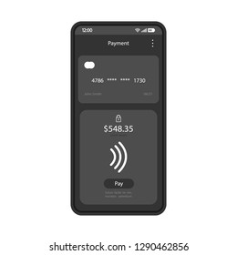 Internet banking smartphone interface vector template. Mobile app page black design. Credit card transaction screen. Online shopping. E-payment. Flat UI for application. Digital wallet. Phone display