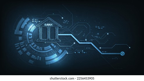 Internet Banking Technology concept.Isometric illustration of the bank on dark blue technology background. Digital connect system. Financial and Banking technology concept.Vector illustration.EPS 10. - Shutterstock ID 2256453905