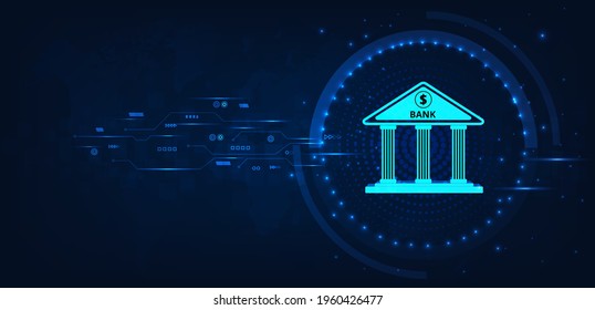  Internet Banking Technology.Isometric illustration of bank on dark blue technology background.Digital connect system.Financial and Banking  technology concept.Vector illustration.EPS 10.