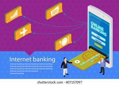 Internet banking vector banner. Modern mobile smartphone and credit card