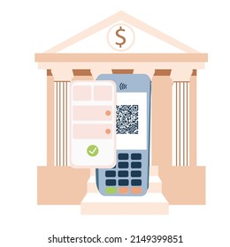 Internet banking vector stock illustration. Bank building and POS terminal. Online purchase, contactless payment. Calculation of payments. Isolated on a white background.