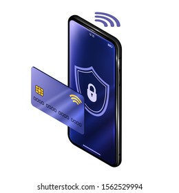 Internet banking via credit card on mobile. Secure online payment transaction with smartphone. Protection shopping wireless pay through smartphone.