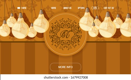 Cartel de Internet para el afiche de iluminación, monograma con ilustración vectorial de dispositivo de iluminación. Contacto, sobre nosotros, casa, botón de opción. Plantilla de diseño del sitio web, lámpara incandescente plana.