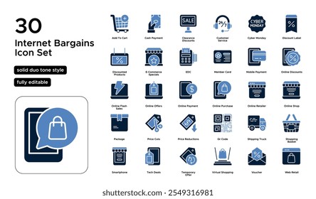 Internet Bargains Solid Duo Tone Icon Set: Online Discounts, Special Offers, and Price Cuts Icons