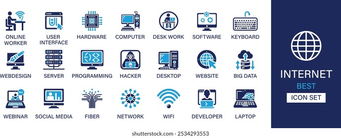 Melhor coleção de conjuntos de ícones sólidos da Internet. Trabalhador online, hardware, computador, trabalho em mesa, software, servidor, hacker, site, big data e ilustração vetorial.