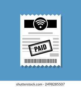 internet bill receipt with paid stamp flat design vector illustration, utility paper invoice pictogram