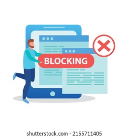 Internet blocking flat composition with isolated ban signs messages and computer windows with people vector illustration