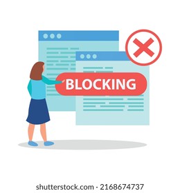Internet blocking flat composition with isolated ban signs messages and computer windows with people vector illustration