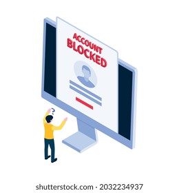 Internet blocking icon with character and notification of his block account on computer 3d vector illustration