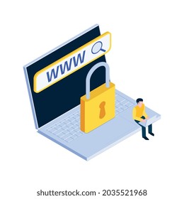 Internet blocking isometric color icon with blocked page and character 3d vector illustration