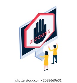 Icon mit Computer und zwei Zeichen 3D-Vektorgrafik zum Sperren des Internets