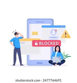 Composición simbólica de bloqueo de Internet con usuario que detiene el acoso por correo electrónico con un gran bloqueo 