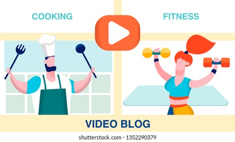 Internet Blog Choice Flat Vector Illustration. Chef and Fitness Trainer Cartoon Characters. Educational and Entertaining Content. Cooking or Workout Tutorial. Blogging Banner with Text